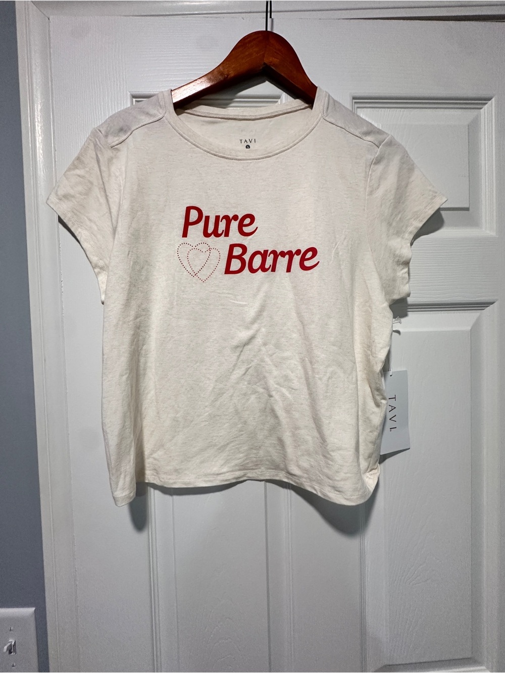 TAVL Pure Barre Short Sleeve Tee in Cream with Red Logo